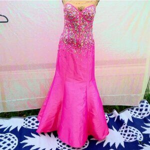 NEON PINK JEWELED PROM DRESS 10 Barbiecore Mermaid Trumpet Corset Bodice Formal